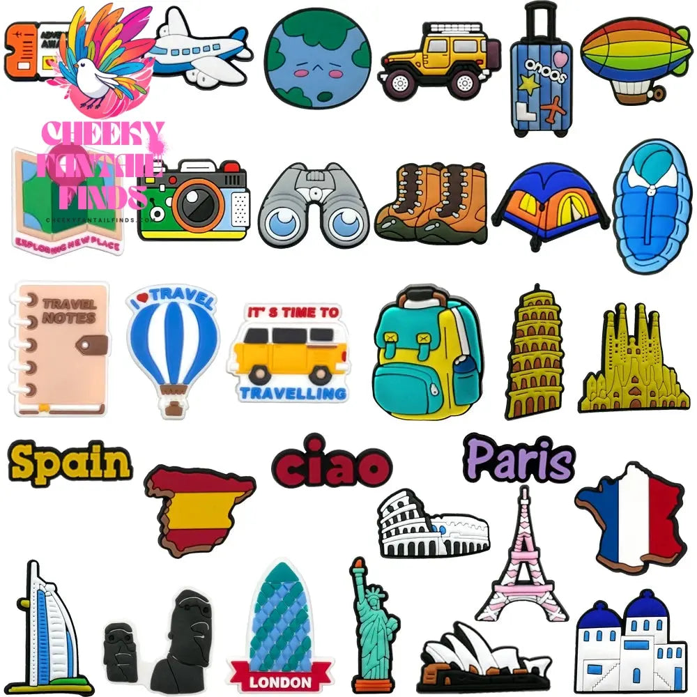 1/30pcs World Travel Shoe Charms for Women Men Kids Spain France USA Casual Vacation Shoe Accessories Decorations Sun Beach Pins - Cheeky Fantail Finds