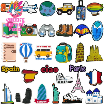 1/30pcs World Travel Shoe Charms for Women Men Kids Spain France USA Casual Vacation Shoe Accessories Decorations Sun Beach Pins - Cheeky Fantail Finds