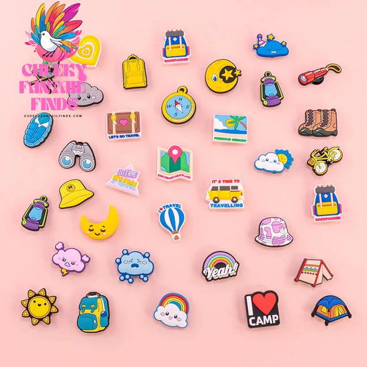 1/8/26pcs Camping Shoe Charms Casual Travel Shoe Decorations Pins for Women Men Travelers Gifts Sandal Accessories Clog Buckles - Cheeky Fantail Finds