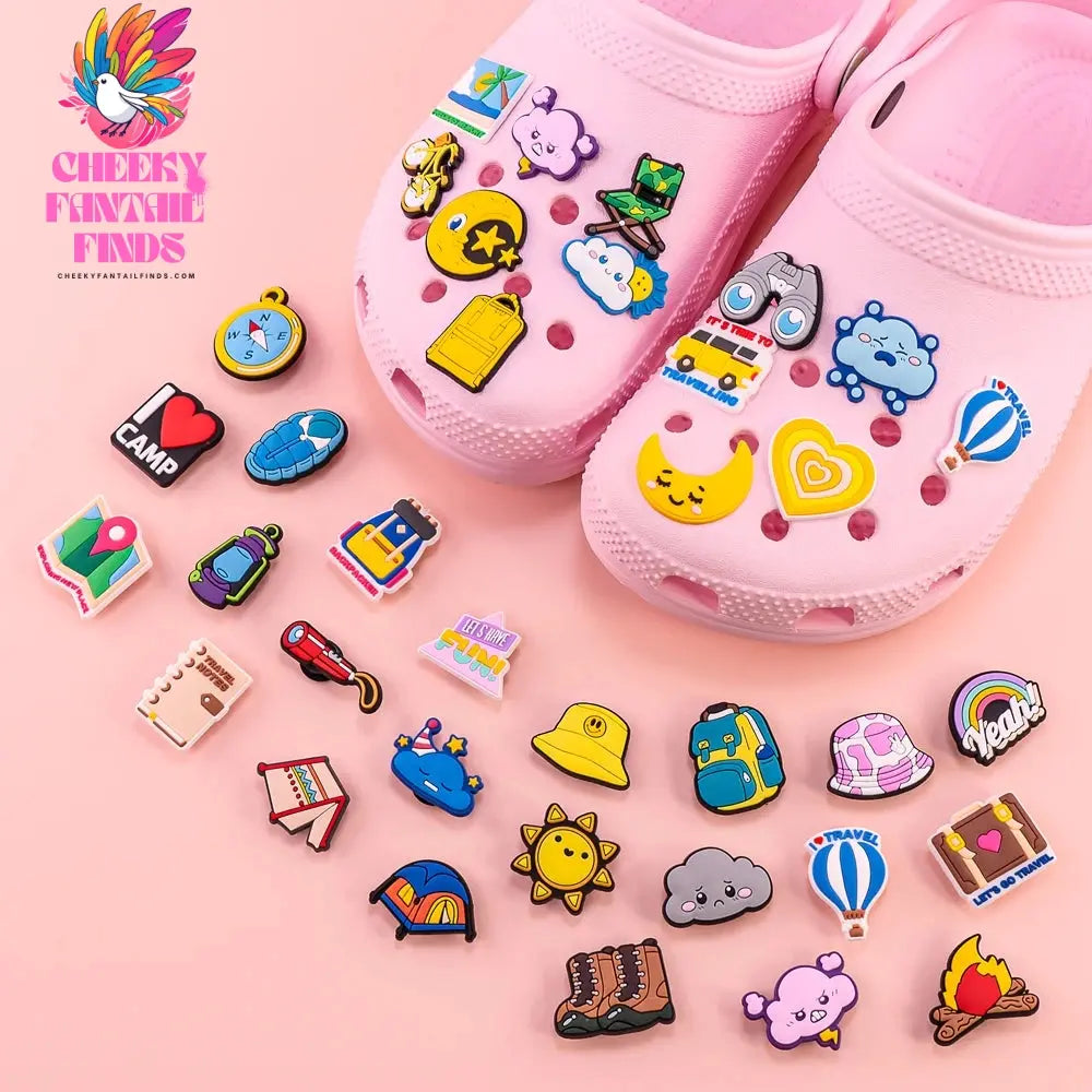 1/8/26pcs Camping Shoe Charms Casual Travel Shoe Decorations Pins for Women Men Travelers Gifts Sandal Accessories Clog Buckles - Cheeky Fantail Finds