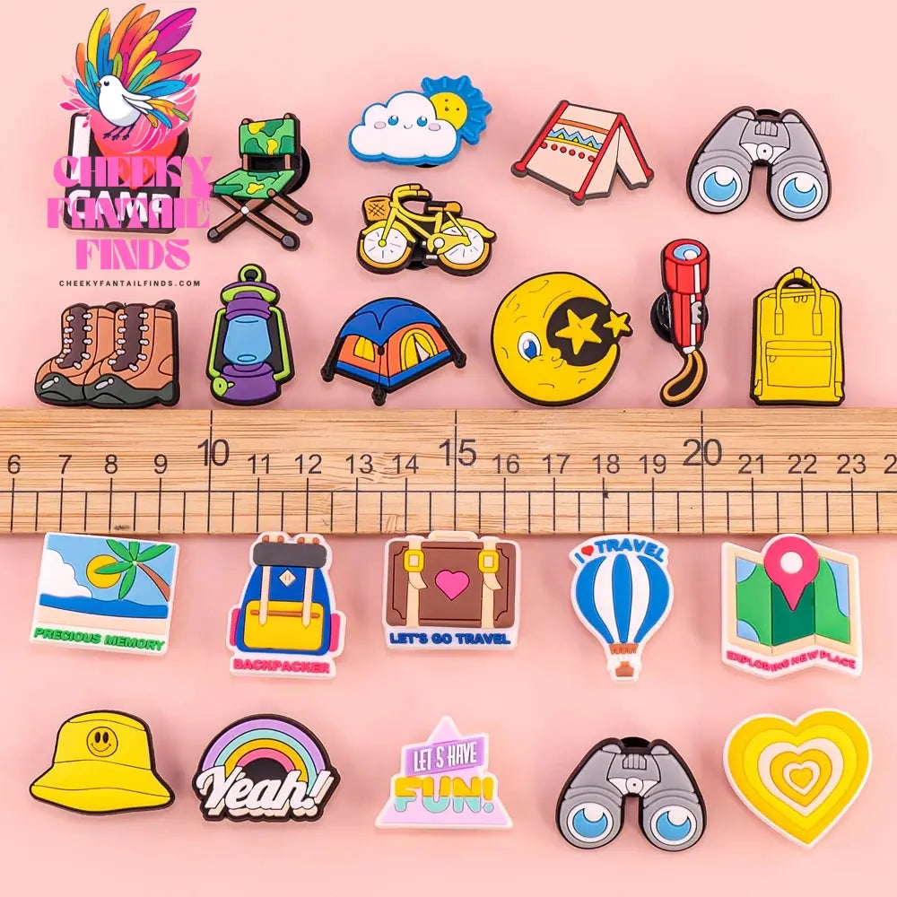 1/8/26pcs Camping Shoe Charms Casual Travel Shoe Decorations Pins for Women Men Travelers Gifts Sandal Accessories Clog Buckles - Cheeky Fantail Finds