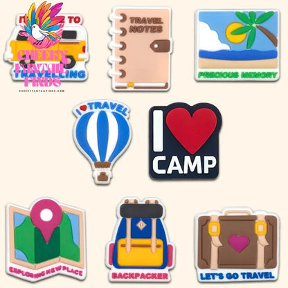 1/8/26pcs Camping Shoe Charms Casual Travel Shoe Decorations Pins for Women Men Travelers Gifts Sandal Accessories Clog Buckles - Cheeky Fantail Finds