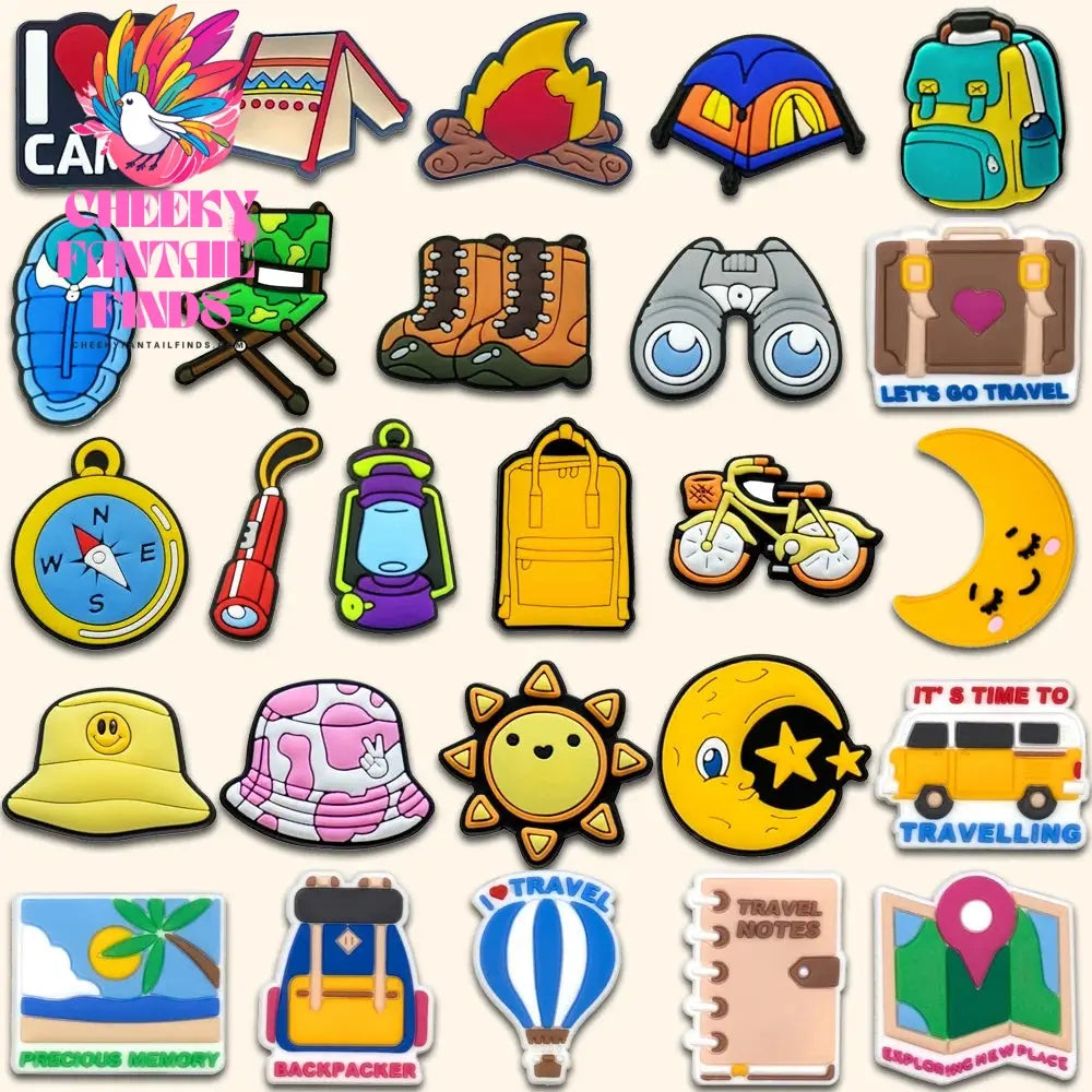 1/8/26pcs Camping Shoe Charms Casual Travel Shoe Decorations Pins for Women Men Travelers Gifts Sandal Accessories Clog Buckles - Cheeky Fantail Finds