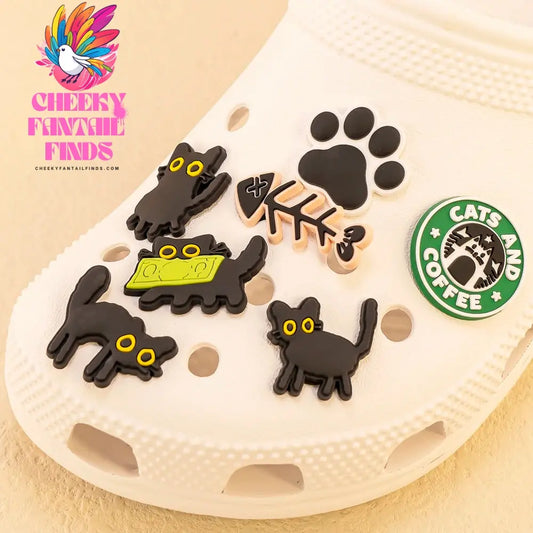 1-9pcs PVC Black Cats Shoe Charms Cute Animal Shoe Decorations Pins for Kids Girls Boy Favor Gift Sandal Accessories Clog Buckle - Cheeky Fantail Finds