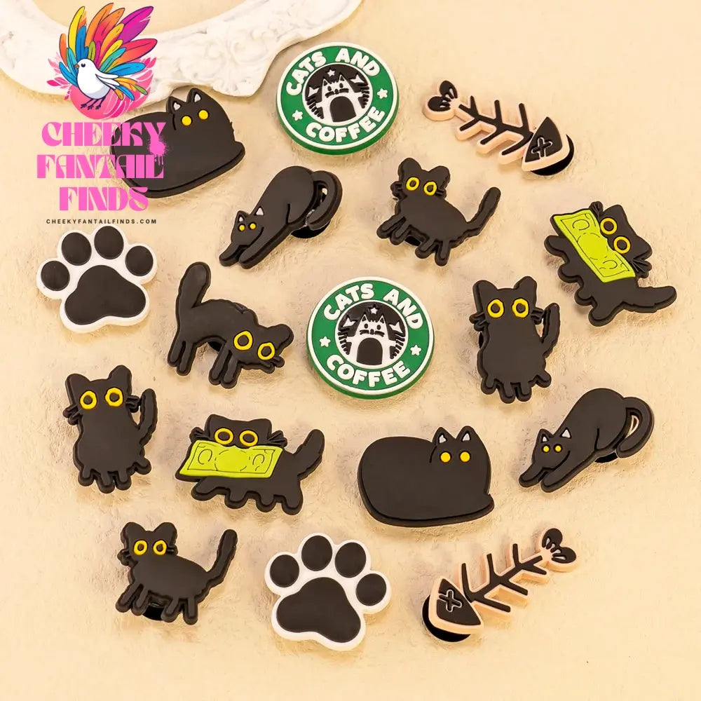 1-9pcs PVC Black Cats Shoe Charms Cute Animal Shoe Decorations Pins for Kids Girls Boy Favor Gift Sandal Accessories Clog Buckle - Cheeky Fantail Finds