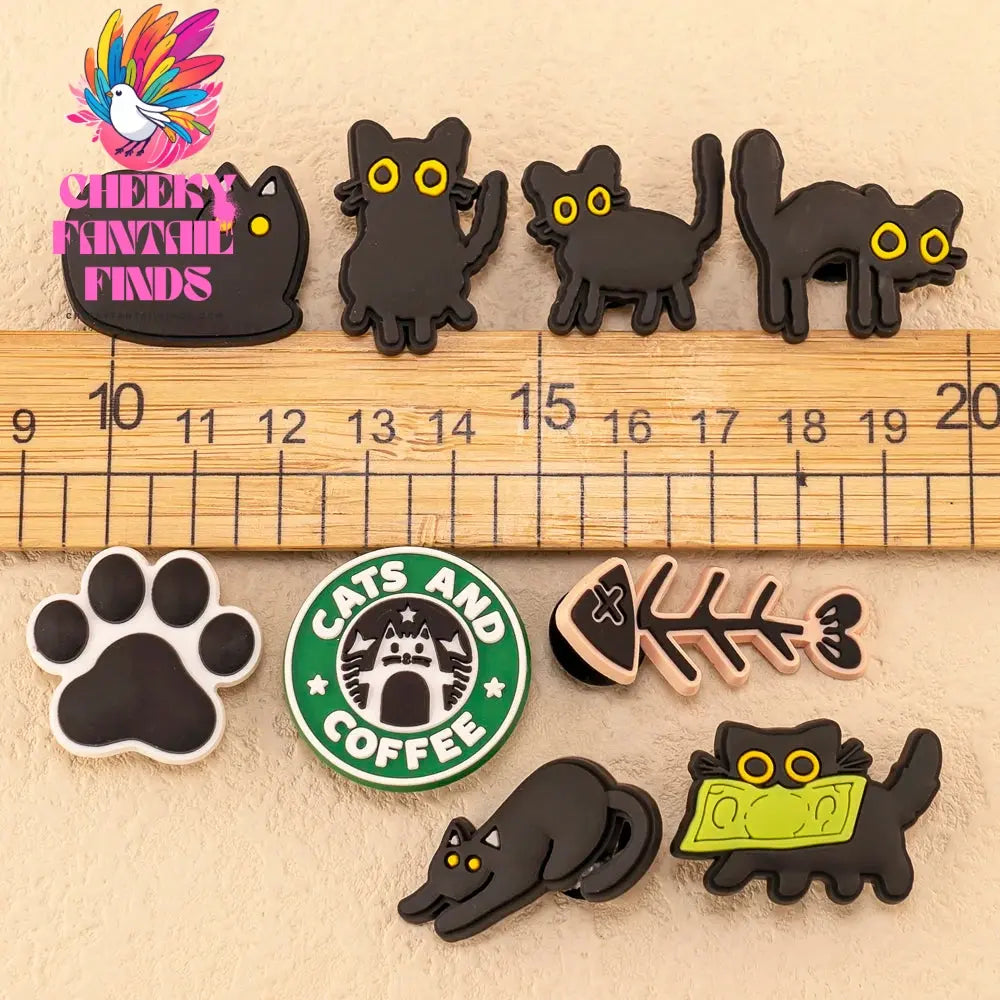 1-9pcs PVC Black Cats Shoe Charms Cute Animal Shoe Decorations Pins for Kids Girls Boy Favor Gift Sandal Accessories Clog Buckle - Cheeky Fantail Finds