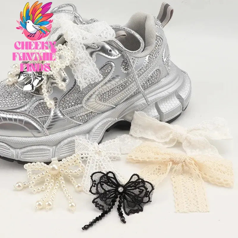 1 Pair Fashion Bowtie Flower Lace Shoelaces Buckle Shoes Charms Pearl Rhinestone Shoelace Decoration Shoe Accessoriess for Woman Cheeky Fantail Finds