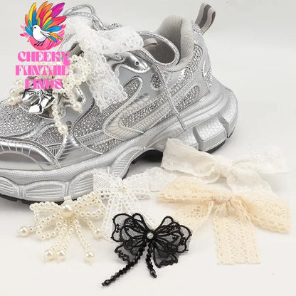 1 Pair Fashion Bowtie Flower Lace Shoelaces Buckle Shoes Charms Pearl Rhinestone Shoelace Decoration Shoe Accessoriess for Woman Cheeky Fantail Finds