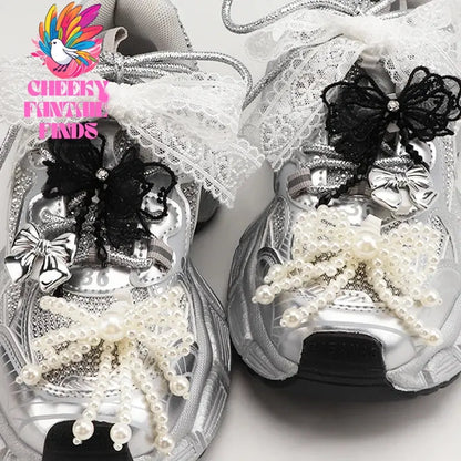 1 Pair Fashion Bowtie Flower Lace Shoelaces Buckle Shoes Charms Pearl Rhinestone Shoelace Decoration Shoe Accessoriess for Woman Cheeky Fantail Finds