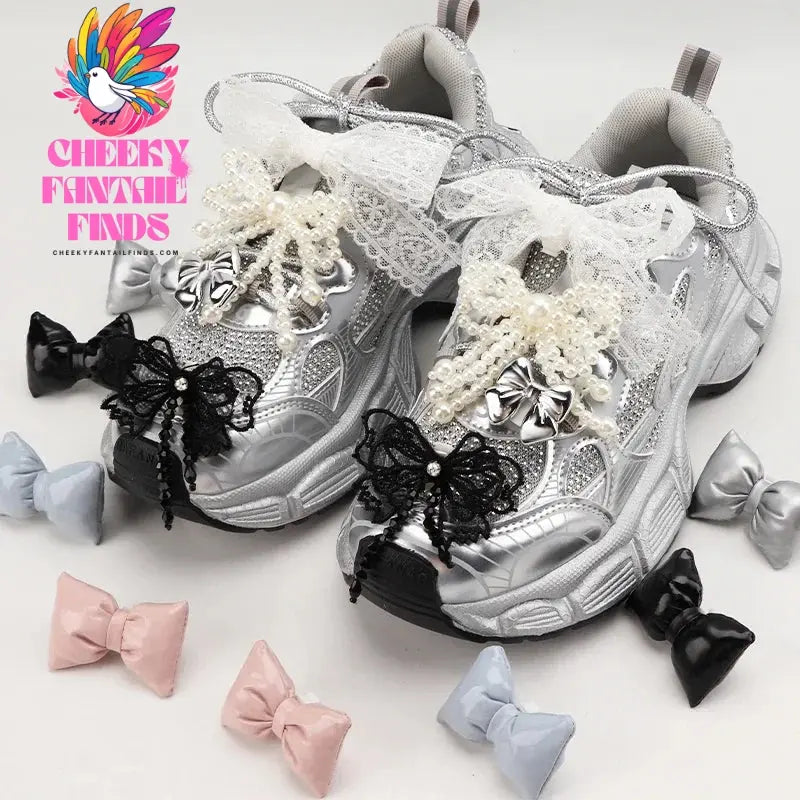 1 Pair Fashion Bowtie Flower Lace Shoelaces Buckle Shoes Charms Pearl Rhinestone Shoelace Decoration Shoe Accessoriess for Woman Cheeky Fantail Finds