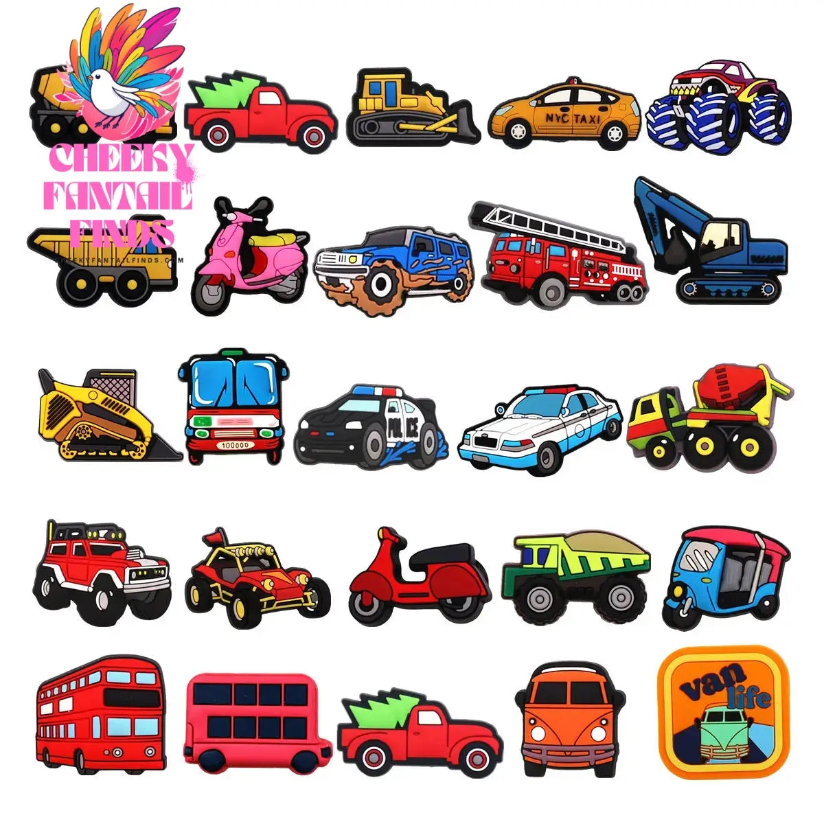 1 Pcs Cartoon Cars PVC Shoe Charms Truck Buses Motorcycle Bike Shapes Shoe Accessories Clog Pin Unisex Shoe Buckle Decorations - Cheeky Fantail Finds