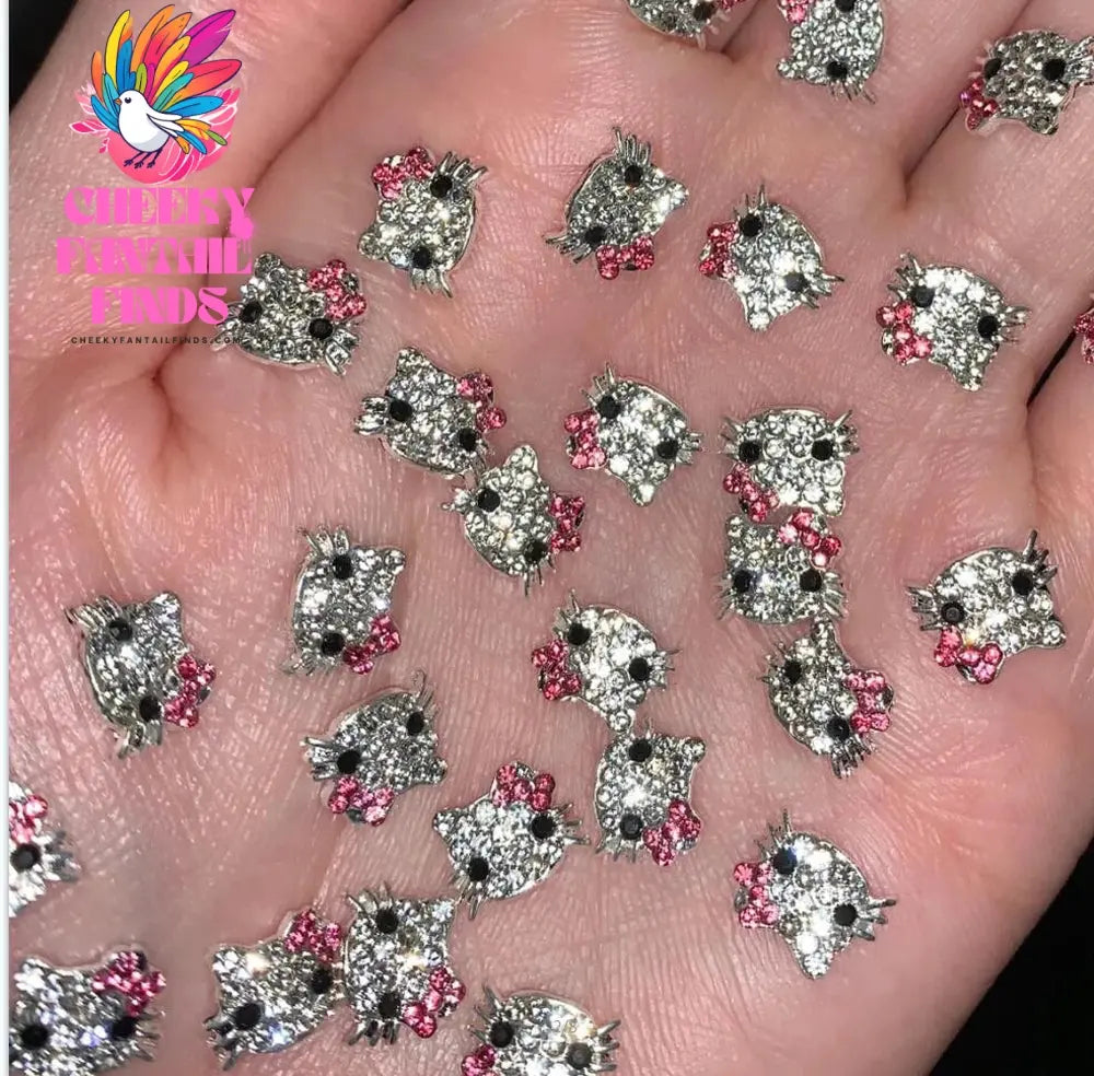 10Pcs 3D Miniso Full Diamond Hello Kitty Nail Charms 8x10mm Kawaii Kitty Crystal Nail Art Decor DIY Alloy Cute Kitty Nail Jewel Cheeky Fantail Finds