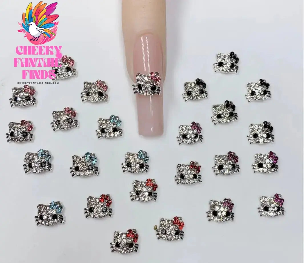 10Pcs 3D Miniso Full Diamond Hello Kitty Nail Charms 8x10mm Kawaii Kitty Crystal Nail Art Decor DIY Alloy Cute Kitty Nail Jewel Cheeky Fantail Finds