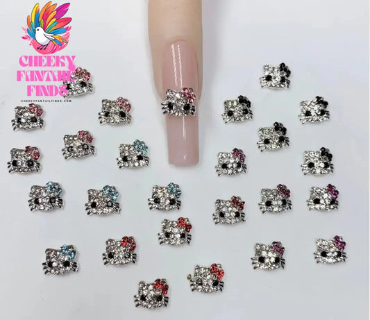 10Pcs 3D Miniso Full Diamond Hello Kitty Nail Charms 8x10mm Kawaii Kitty Crystal Nail Art Decor DIY Alloy Cute Kitty Nail Jewel Cheeky Fantail Finds