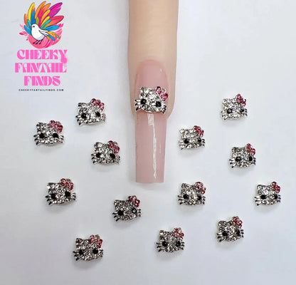 10Pcs 3D Miniso Full Diamond Hello Kitty Nail Charms 8x10mm Kawaii Kitty Crystal Nail Art Decor DIY Alloy Cute Kitty Nail Jewel Cheeky Fantail Finds