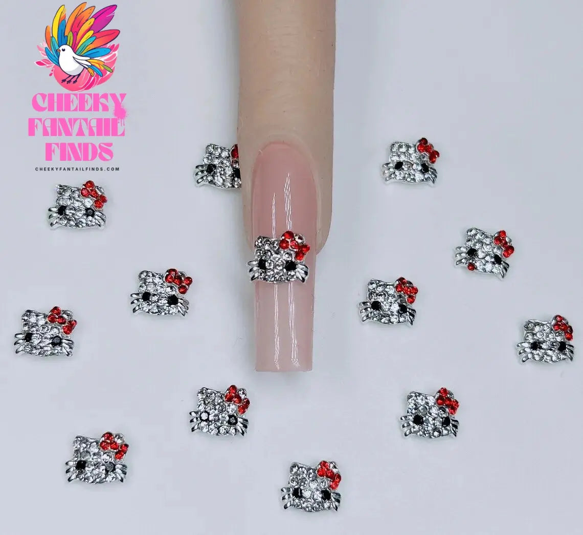 10Pcs 3D Miniso Full Diamond Hello Kitty Nail Charms 8x10mm Kawaii Kitty Crystal Nail Art Decor DIY Alloy Cute Kitty Nail Jewel Cheeky Fantail Finds