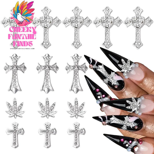 10Pcs/Lot Halloween Luxury Silver Cross Nail Art Charm Parts Punk Y2K Metal Style Jewelry Alloy Shinny Nail Diamond Decoration Cheeky Fantail Finds