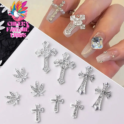 10Pcs/Lot Halloween Luxury Silver Cross Nail Art Charm Parts Punk Y2K Metal Style Jewelry Alloy Shinny Nail Diamond Decoration Cheeky Fantail Finds