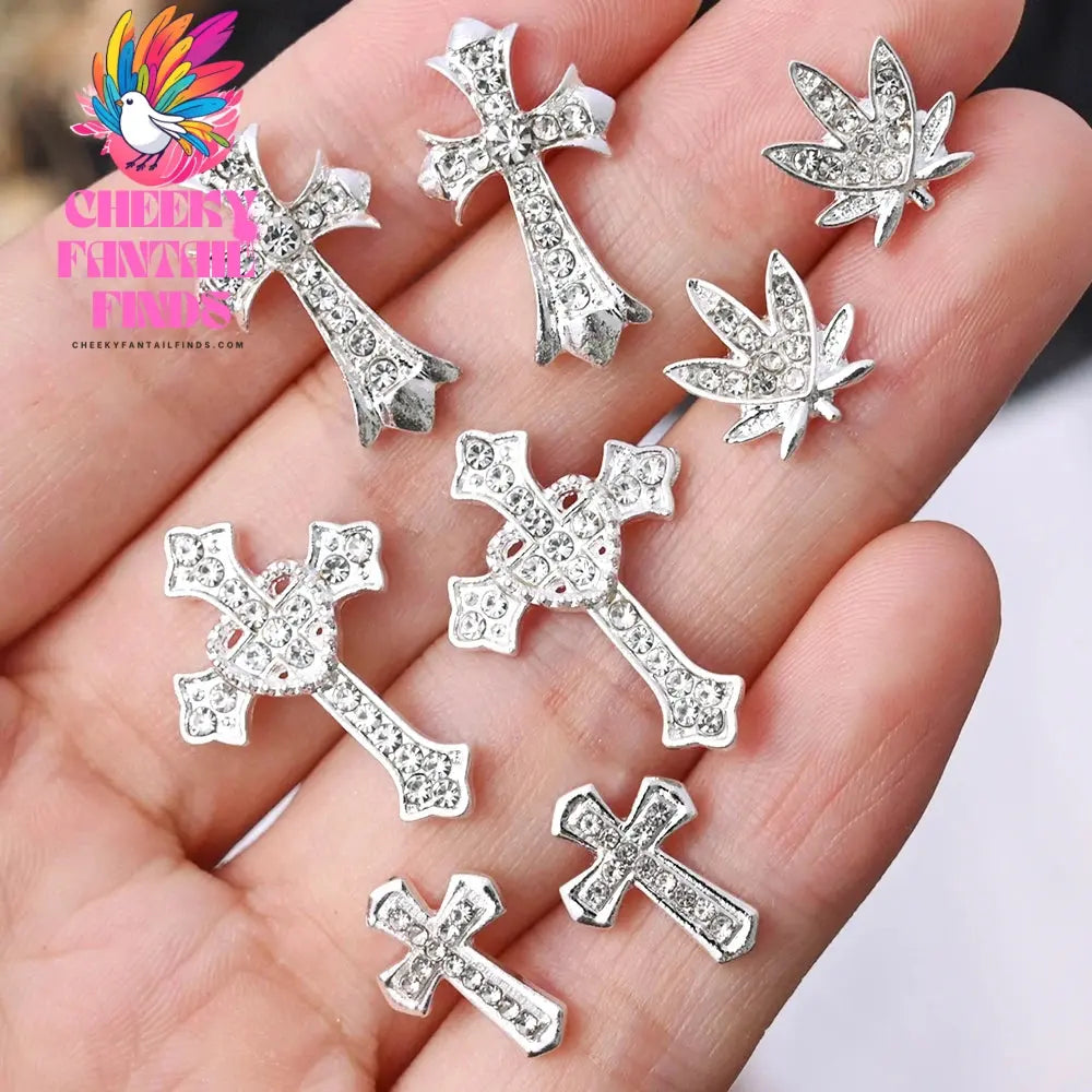 10Pcs/Lot Halloween Luxury Silver Cross Nail Art Charm Parts Punk Y2K Metal Style Jewelry Alloy Shinny Nail Diamond Decoration Cheeky Fantail Finds