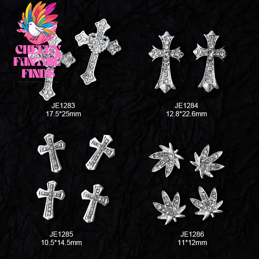 10Pcs/Lot Halloween Luxury Silver Cross Nail Art Charm Parts Punk Y2K Metal Style Jewelry Alloy Shinny Nail Diamond Decoration Cheeky Fantail Finds