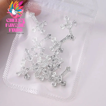 10Pcs/Lot Halloween Luxury Silver Cross Nail Art Charm Parts Punk Y2K Metal Style Jewelry Alloy Shinny Nail Diamond Decoration Cheeky Fantail Finds