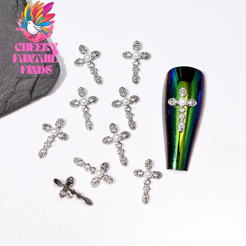 10Pcs/Lot Halloween Luxury Silver Cross Nail Art Charm Parts Punk Y2K Metal Style Jewelry Alloy Shinny Nail Diamond Decoration Cheeky Fantail Finds