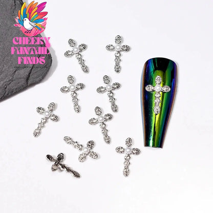 10Pcs/Lot Halloween Luxury Silver Cross Nail Art Charm Parts Punk Y2K Metal Style Jewelry Alloy Shinny Nail Diamond Decoration Cheeky Fantail Finds
