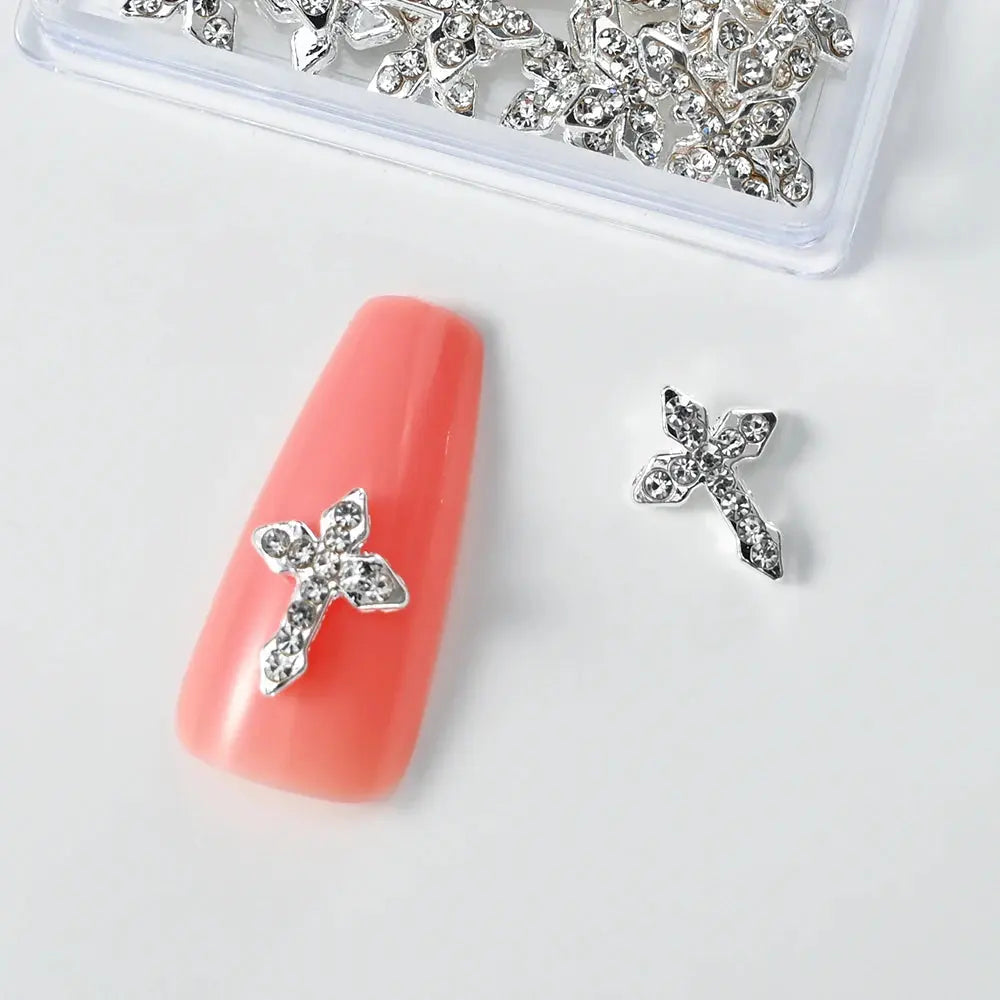 10Pcs/Lot Halloween Luxury Silver Cross Nail Art Charm Parts Punk Y2K Metal Style Jewelry Alloy Shinny Nail Diamond Decoration Cheeky Fantail Finds