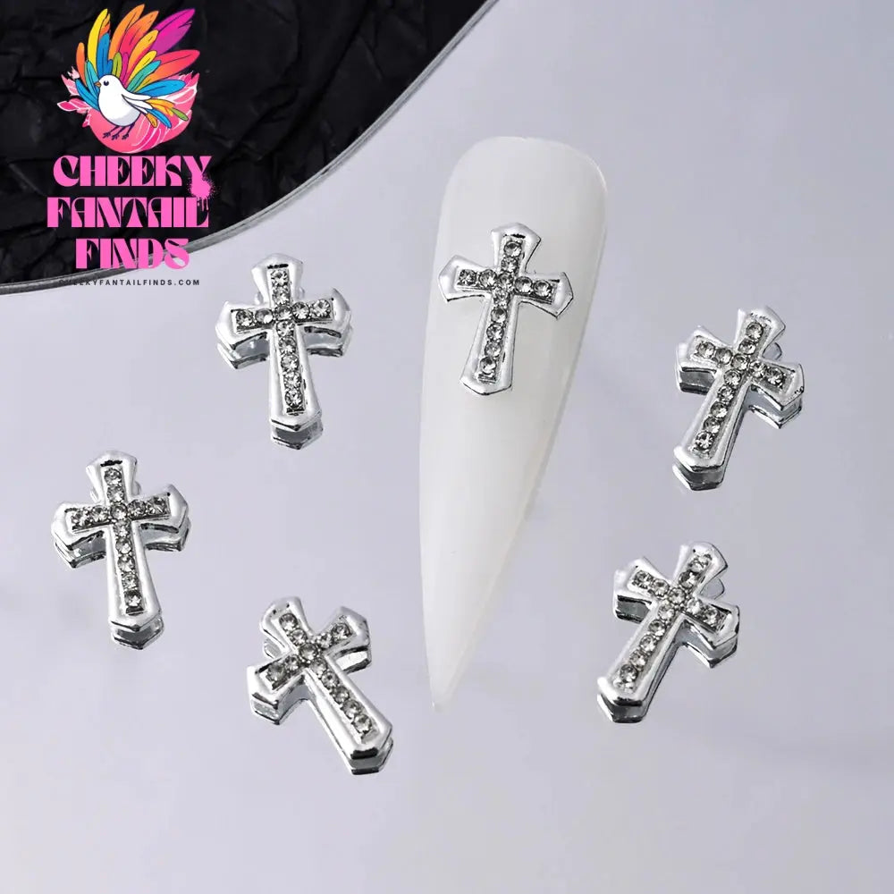 10Pcs/Lot Halloween Luxury Silver Cross Nail Art Charm Parts Punk Y2K Metal Style Jewelry Alloy Shinny Nail Diamond Decoration Cheeky Fantail Finds
