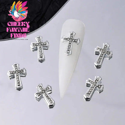 10Pcs/Lot Halloween Luxury Silver Cross Nail Art Charm Parts Punk Y2K Metal Style Jewelry Alloy Shinny Nail Diamond Decoration Cheeky Fantail Finds