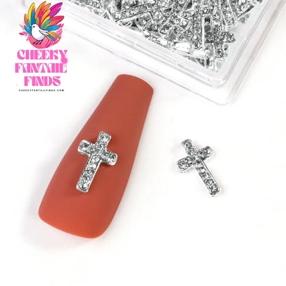10Pcs/Lot Halloween Luxury Silver Cross Nail Art Charm Parts Punk Y2K Metal Style Jewelry Alloy Shinny Nail Diamond Decoration Cheeky Fantail Finds