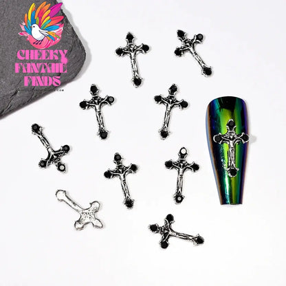 10Pcs/Lot Halloween Luxury Silver Cross Nail Art Charm Parts Punk Y2K Metal Style Jewelry Alloy Shinny Nail Diamond Decoration Cheeky Fantail Finds