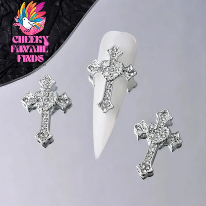 10Pcs/Lot Halloween Luxury Silver Cross Nail Art Charm Parts Punk Y2K Metal Style Jewelry Alloy Shinny Nail Diamond Decoration Cheeky Fantail Finds