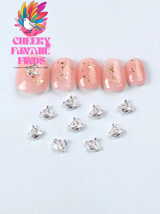 10Pcs/Lot Nail Charms Silver Planet Punk Style Colorful Rhinestone Metal Decorations Luxury Nail Accessories DIY Cheeky Fantail Finds