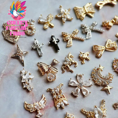 10pcs/lot Luxury Unicorn Heart Love Zircon Crystals Metal Nails Jewelry Decorations Nail Art Accessories Charms Parts Supplies Cheeky Fantail Finds