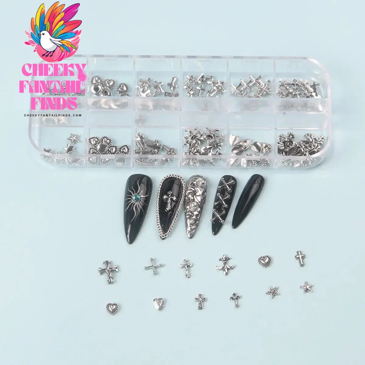 12 Grids Mixed 3D Punk Silver Heart Cross Metal Manicure Nail Decoration Retro Different Design Cross Nails Art Charms Cheeky Fantail Finds