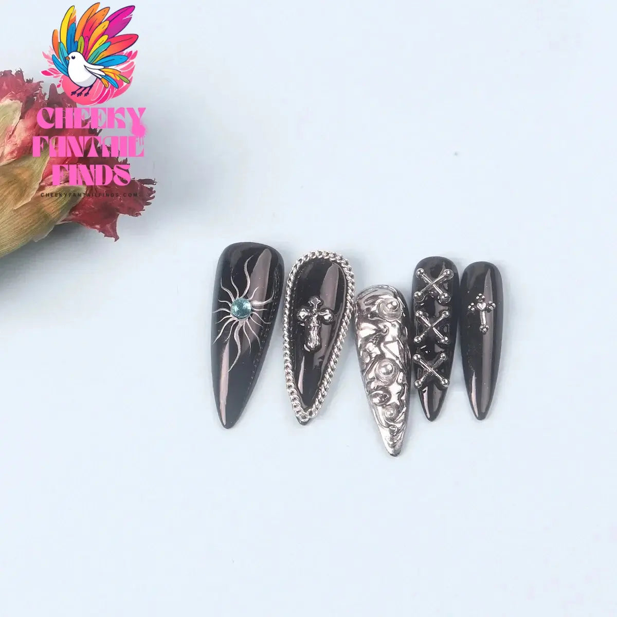 12 Grids Mixed 3D Punk Silver Heart Cross Metal Manicure Nail Decoration Retro Different Design Cross Nails Art Charms Cheeky Fantail Finds