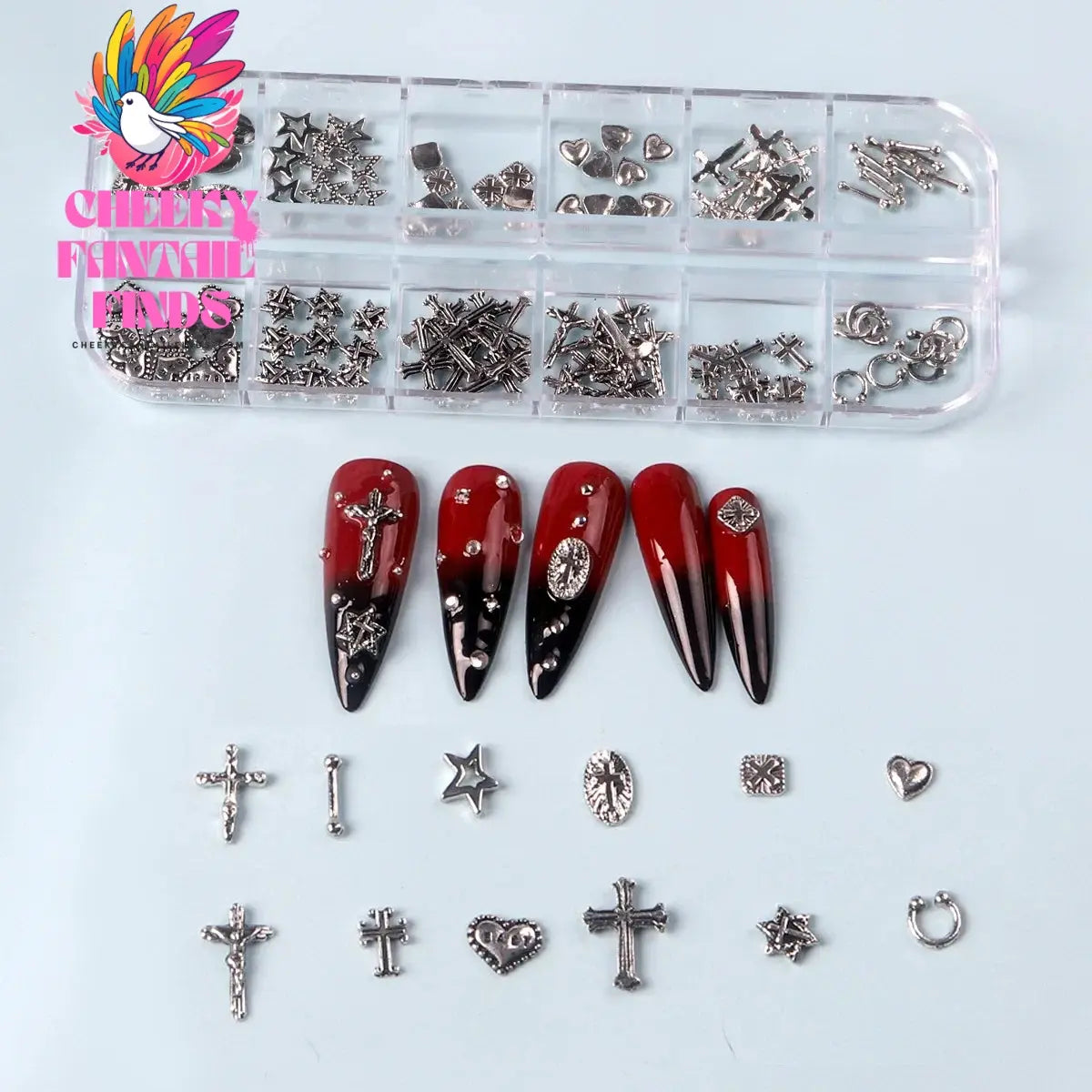 12 Grids Mixed 3D Punk Silver Heart Cross Metal Manicure Nail Decoration Retro Different Design Cross Nails Art Charms Cheeky Fantail Finds