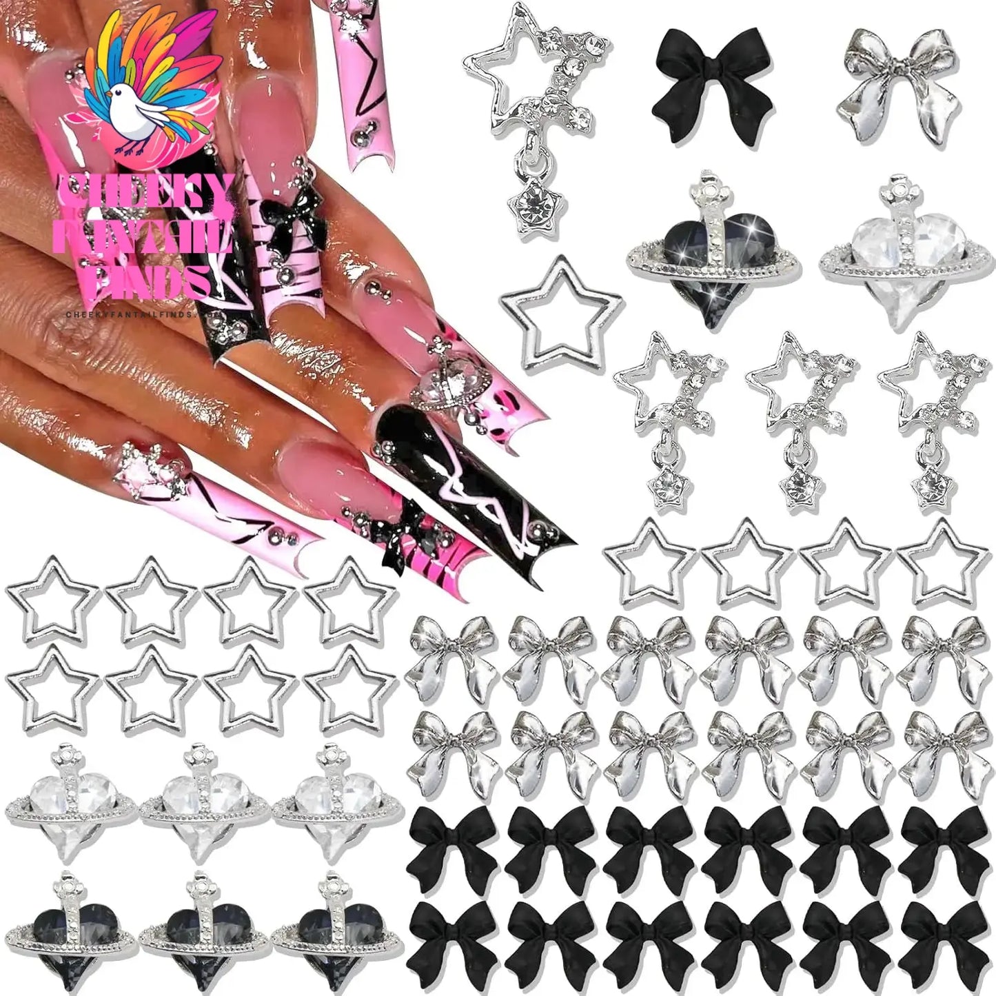 122PCS Star Nail Charms 3D Silver Nail Charms Alloy Bow Charms Crystal Starlight Black Planet Nail Charms Acrylic Bowknot Cheeky Fantail Finds
