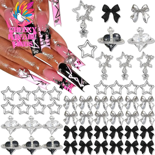 122PCS Star Nail Charms 3D Silver Nail Charms Alloy Bow Charms Crystal Starlight Black Planet Nail Charms Acrylic Bowknot Cheeky Fantail Finds