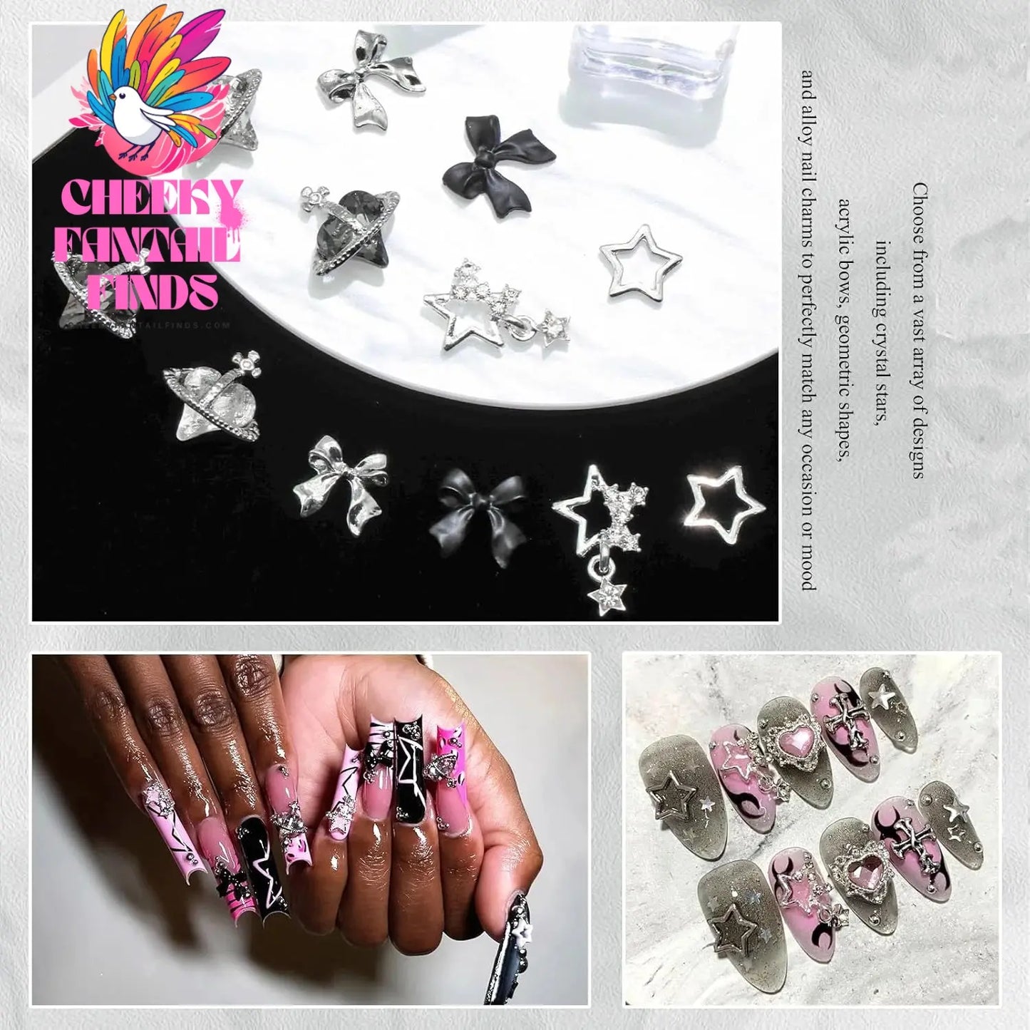 122PCS Star Nail Charms 3D Silver Nail Charms Alloy Bow Charms Crystal Starlight Black Planet Nail Charms Acrylic Bowknot Cheeky Fantail Finds