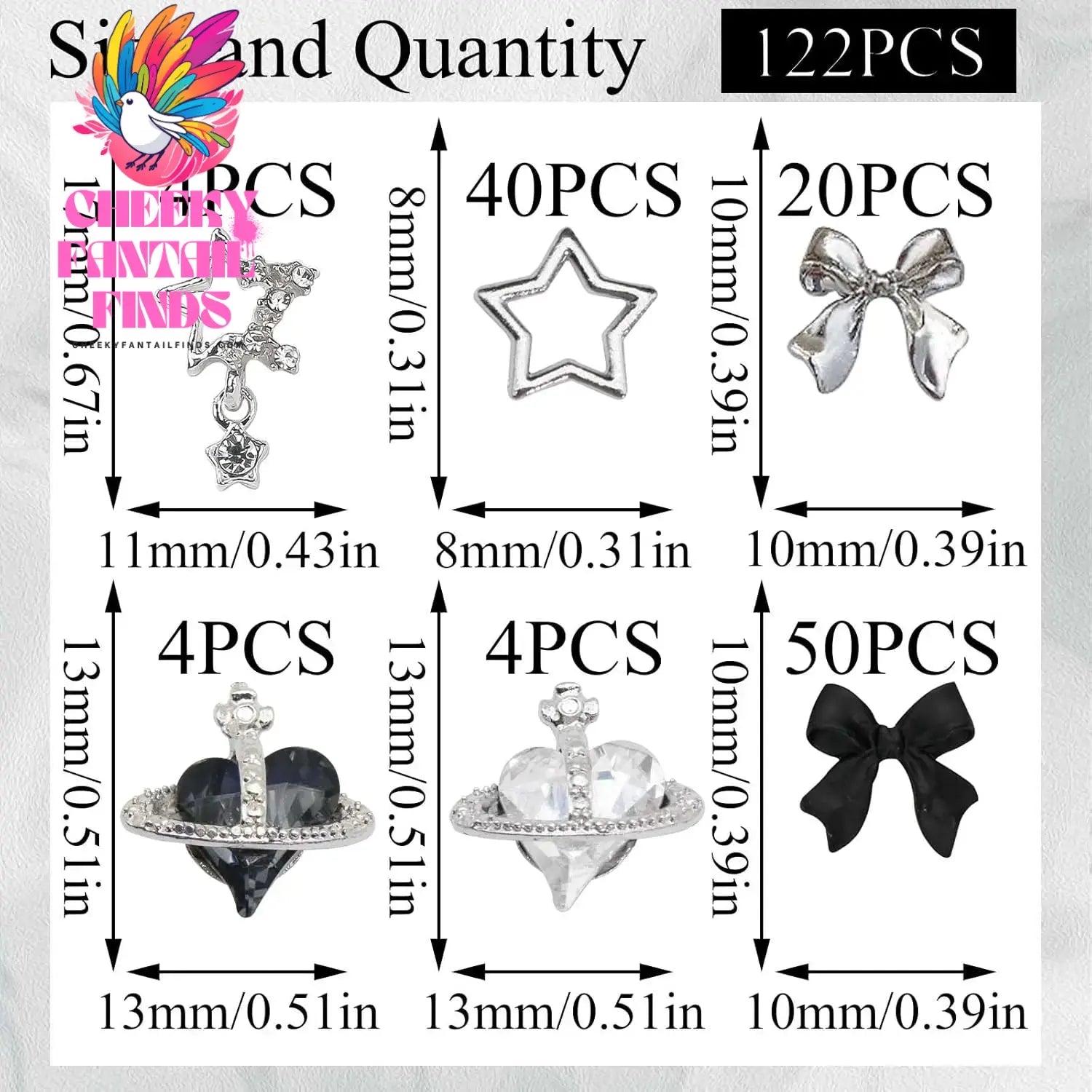122PCS Star Nail Charms 3D Silver Nail Charms Alloy Bow Charms Crystal Starlight Black Planet Nail Charms Acrylic Bowknot Cheeky Fantail Finds