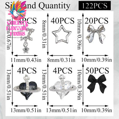 122PCS Star Nail Charms 3D Silver Nail Charms Alloy Bow Charms Crystal Starlight Black Planet Nail Charms Acrylic Bowknot Cheeky Fantail Finds