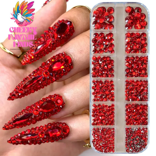 12grids Red Nail Gems Rhinestones 2/3/4/5mm Flat-Back Nail Crystal Diamond SS6/10/16/20/30 Mixed Luxury Glass Rhinestones Charms Cheeky Fantail Finds