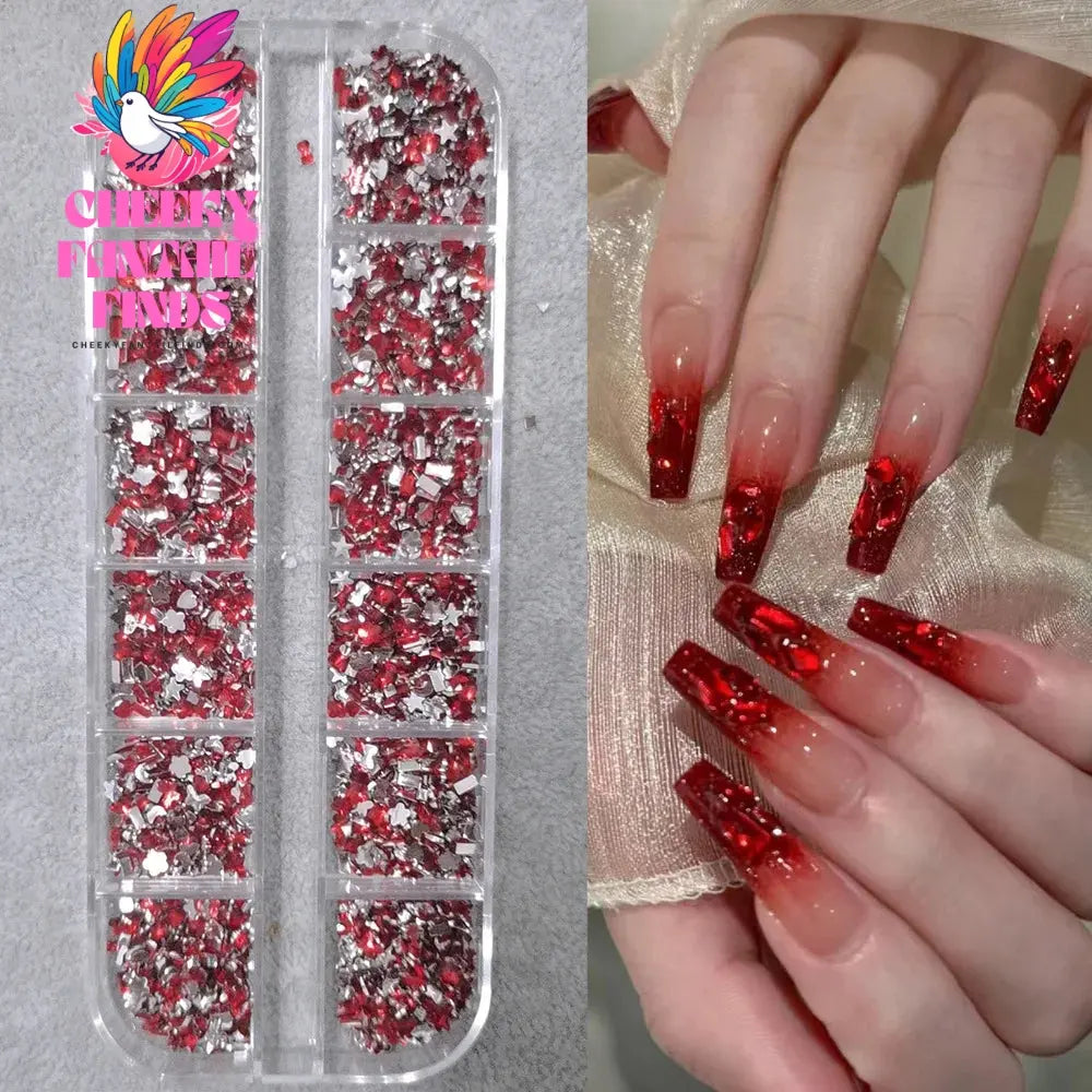 12grids Red Nail Gems Rhinestones 2/3/4/5mm Flat-Back Nail Crystal Diamond SS6/10/16/20/30 Mixed Luxury Glass Rhinestones Charms Cheeky Fantail Finds