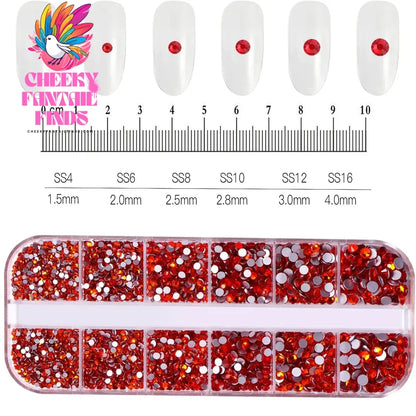 12grids Red Nail Gems Rhinestones 2/3/4/5mm Flat-Back Nail Crystal Diamond SS6/10/16/20/30 Mixed Luxury Glass Rhinestones Charms Cheeky Fantail Finds