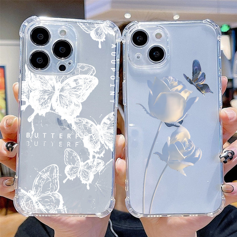 2-Piece Butterfly & Flower Pattern Phone Case - Ultra-Protective Silicone Bumper, Crystal-Clear Transparent Hard Back Cover, Fall-Resistant Luxury Shockproof Design for iPhone 14, 13, 12, 11 Pro Max, X, XR, XS, 7, 8 Plus, Min