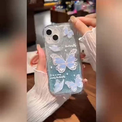Butterfly Soft Phone Case for iPhone 14 Pro Max, 12 Pro, 13, 11 - Luxury, Romantic Wave Glitter, Clear Cover with Chain Lanyard