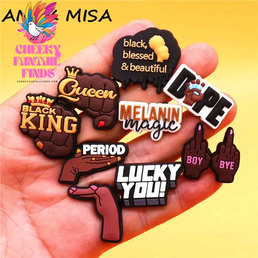 1pcs Black King Period PVC Theme Shoe Charms Decorations Melanin Magic Power Shoe Accessories Boy Bye Vote Shoes Buckle Pin Clip Cheeky Fantail Finds