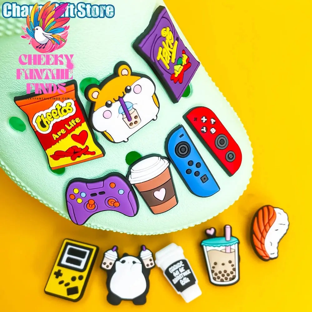 1pcs Gamepad Snacks Shoe Charms Takis Chettos Shoe Accessories Coffee Boba Tea Clog Pins Game Controller Shoe Decorations Cheeky Fantail Finds